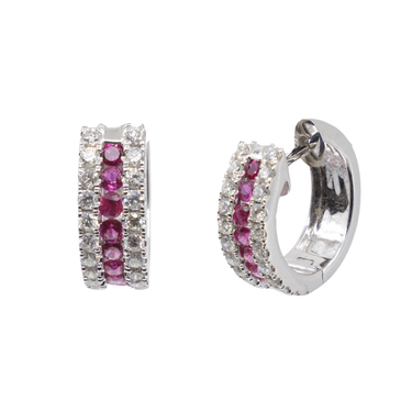 18K White Gold 14 Ruby with Diamond Earrings | Hoop Diamond Earrings Melbourne | Hoop Diamond Earrings Australia | H&H Jewellery