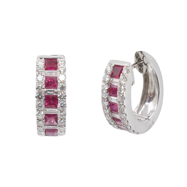 18K White Gold 10 Ruby with Diamond Earrings | Hoop Diamond Earrings Melbourne | Hoop Diamond Earrings Australia | H&H Jewellery