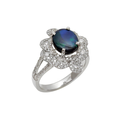 18K White Gold Black Solid Opal and Diamond Ring - H&H Jewellery Pty Ltd