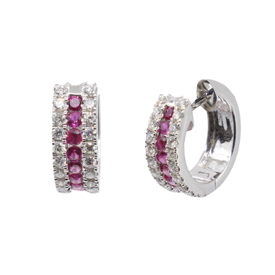 18K White Gold 14 Ruby with Diamond Earrings | Hoop Diamond Earrings Melbourne | Hoop Diamond Earrings Australia | H&H Jewellery 