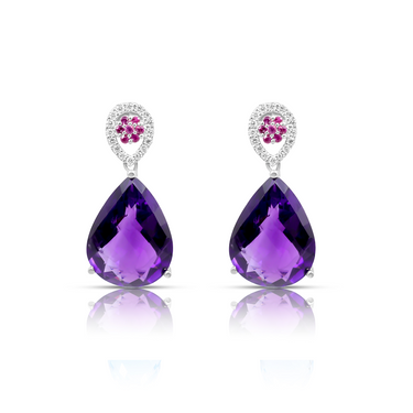18K White Gold Multi Gems and Diamond Drop Earring. - 20764838