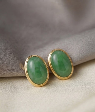 14K Yellow Gold Oval Green Jade Stud Earrings