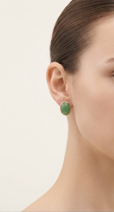 14K Yellow Gold Oval Green Jade Stud Earrings